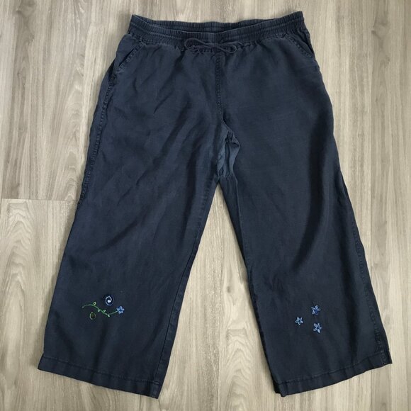 Allen Allen Linen Blue Pants Floral Embroidered Womens XL - Picture 1 of 10